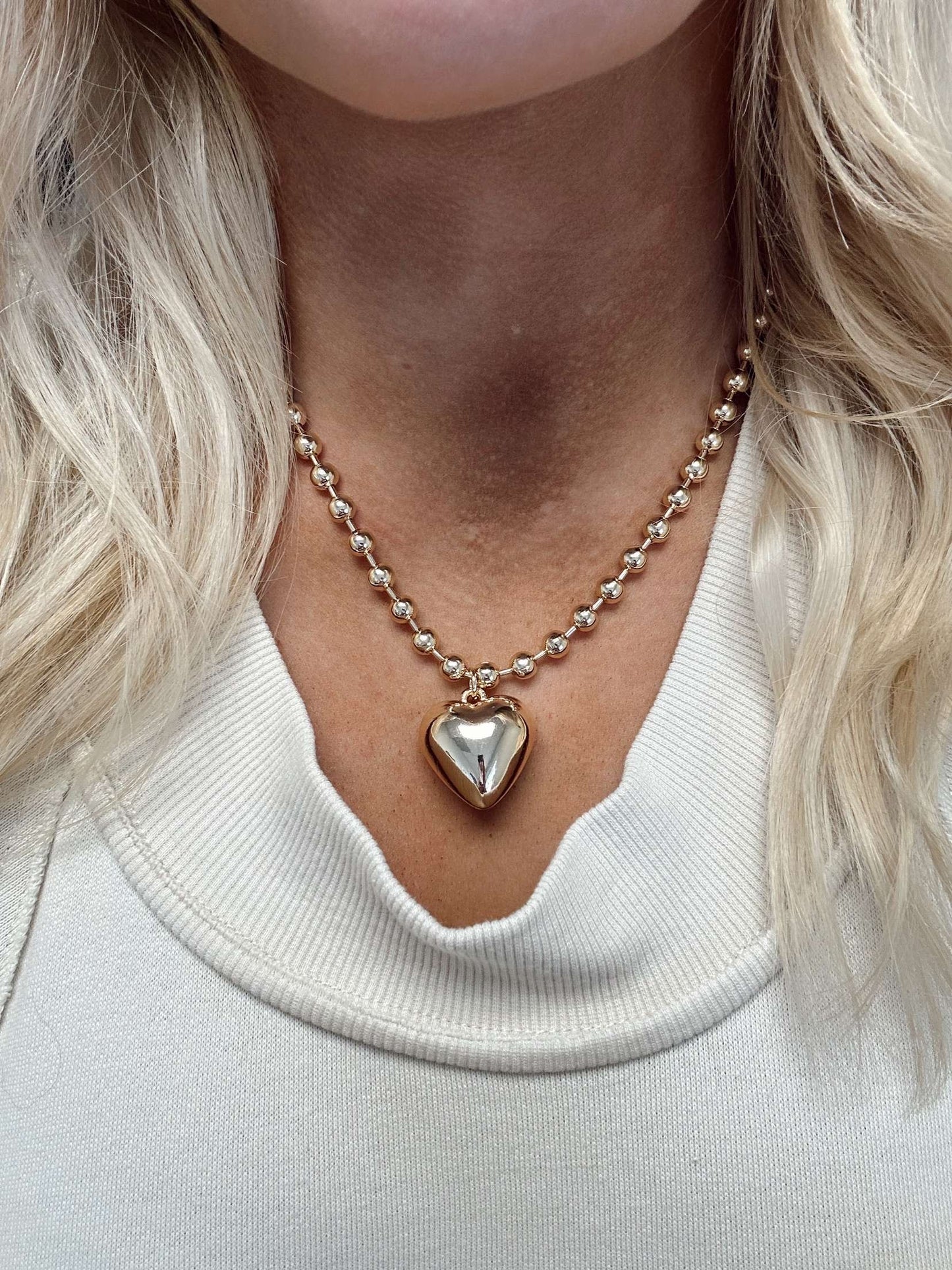 Water resistant Gold Bead and Gold puffy heart Necklace
