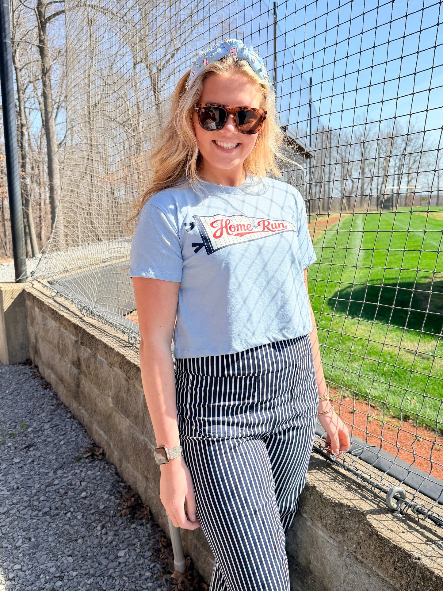 Navy Striped pants with Ruffle Hem