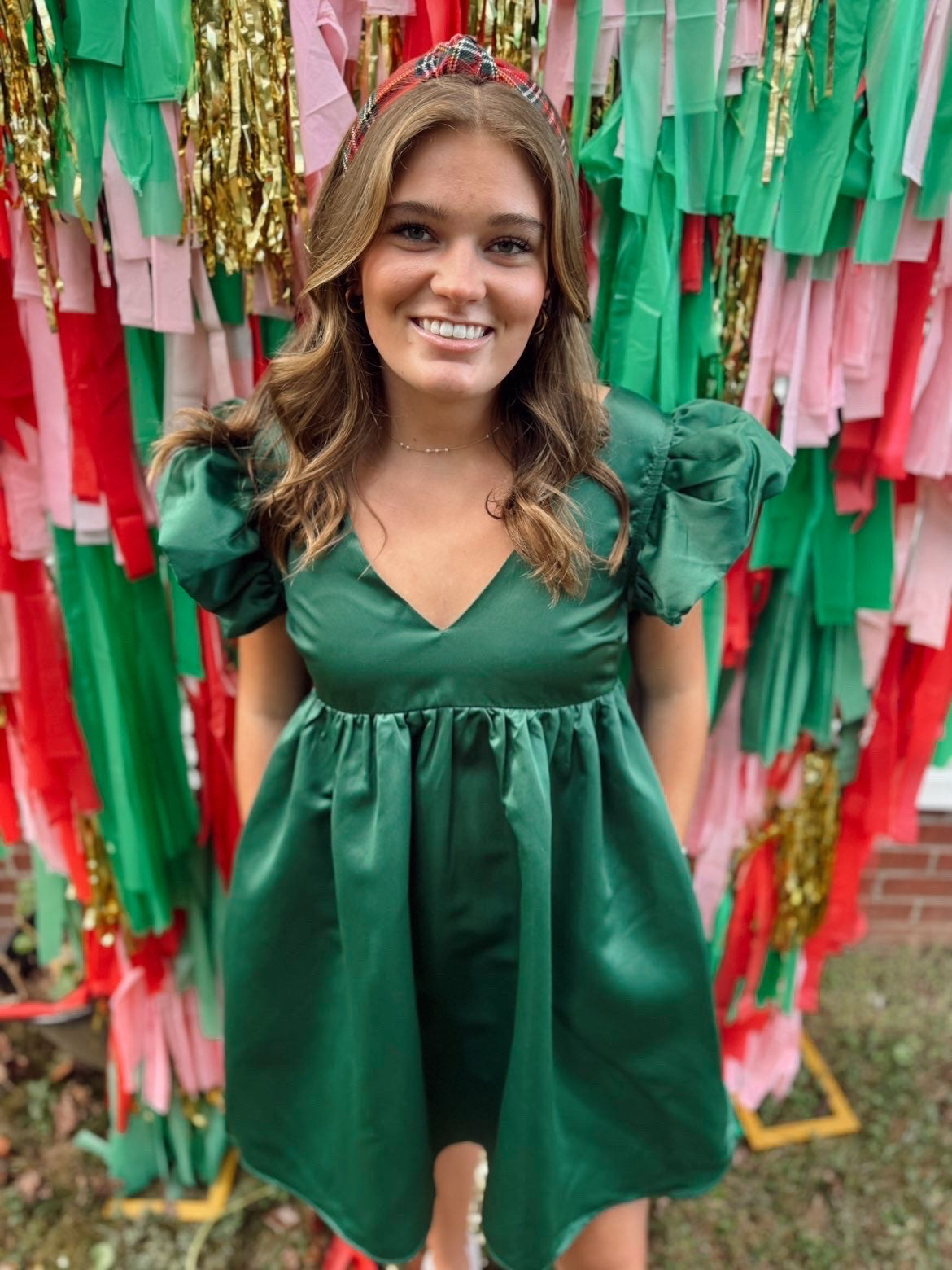 Green Satin Puff sleeve dress