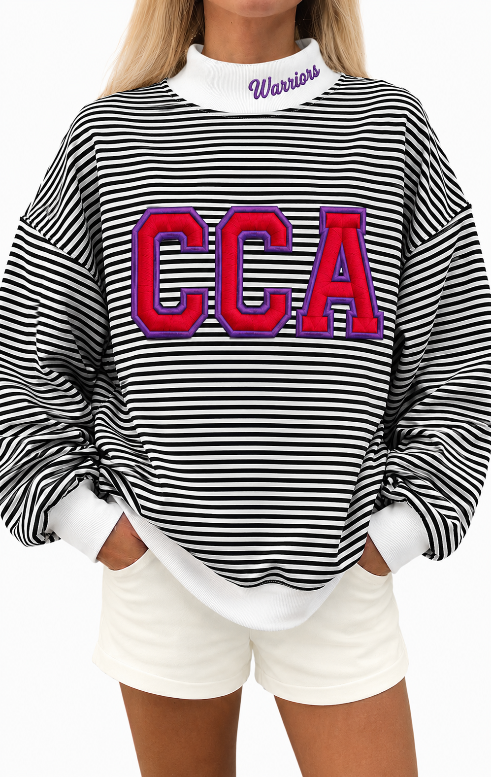 Black white stripe mock neck CCA Warriors appliquéd with cotton fabric, photo is mock up to show idea