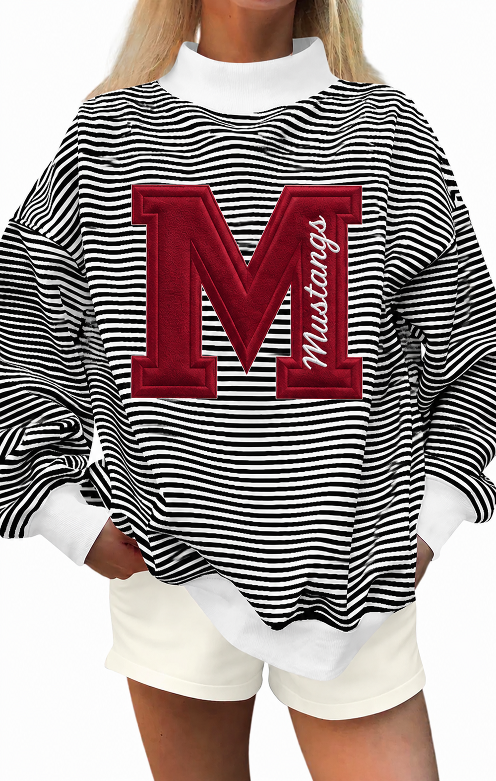 Black white stripe mock neck Mustangs appliquéd with cotton fabric, photo is mock up to show idea