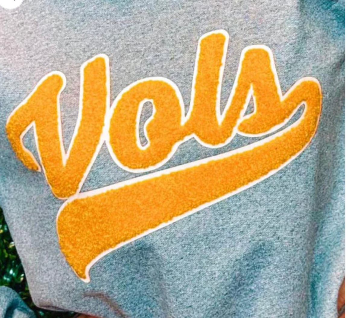 Vols Chenille t-shirt or crewneck your choice color of shirt spirit wear