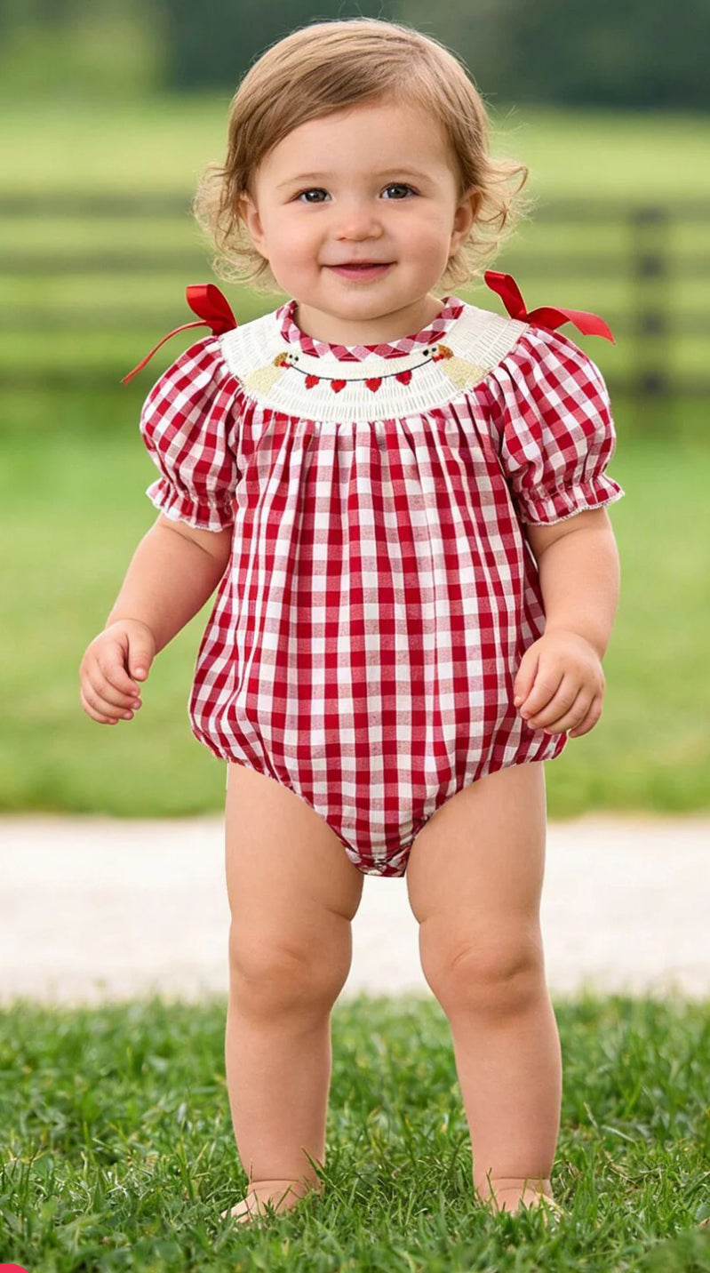 Valentines Puppy Love smocked baby bubble red gingham