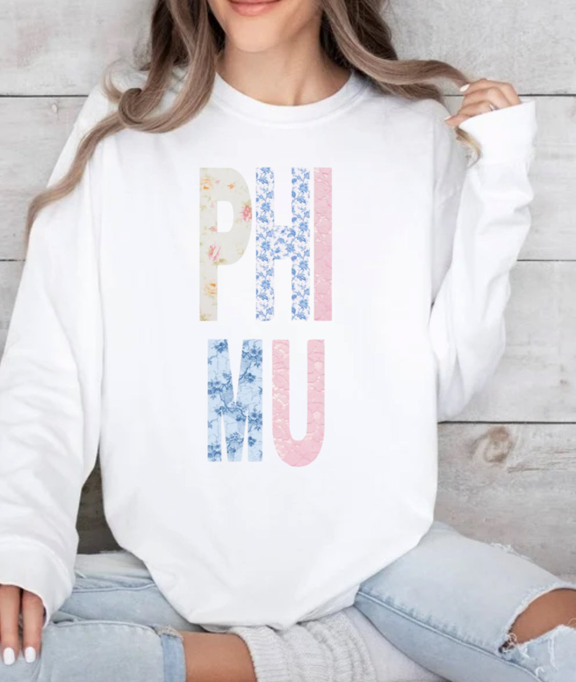 Phi Mu floral on white spirit wear