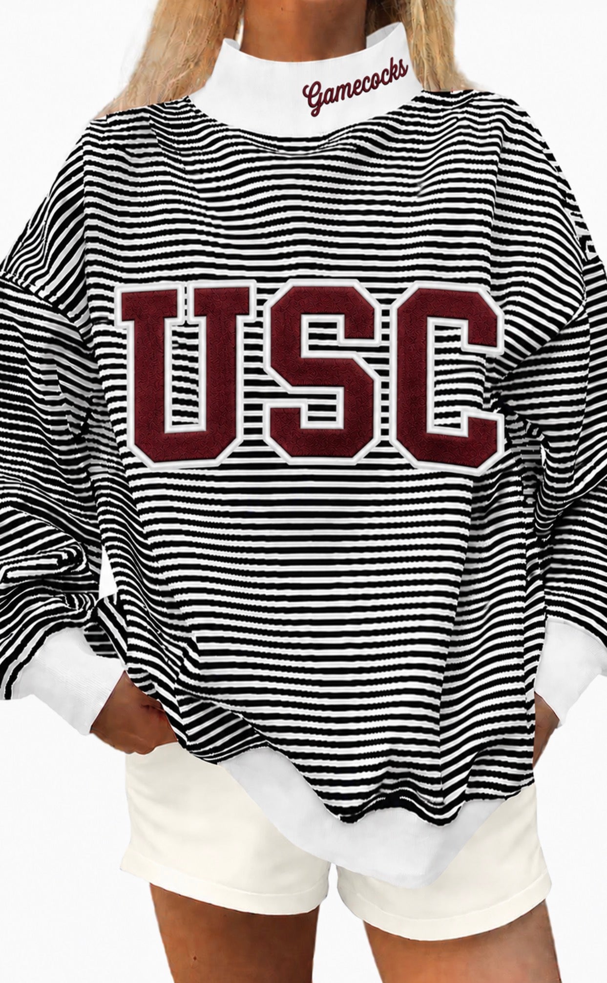 Black white stripe mock neck USC Gamecocks with cotton fabric, photo is mock up to show idea