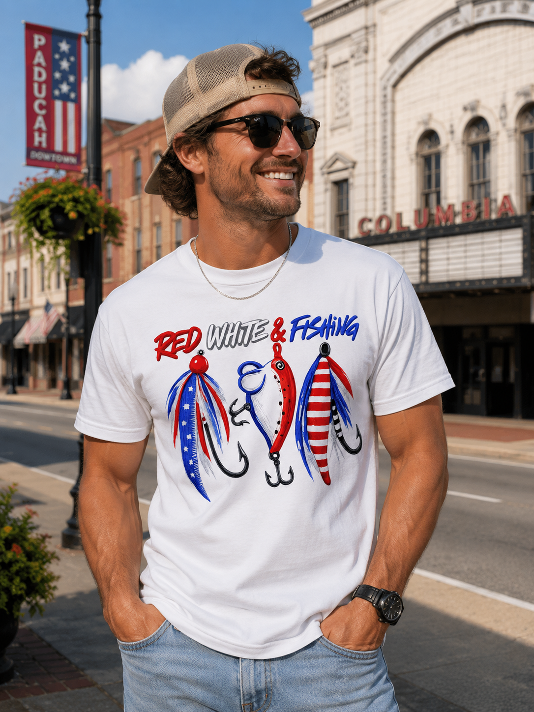 Men’s Red White and Fishing T-shirt