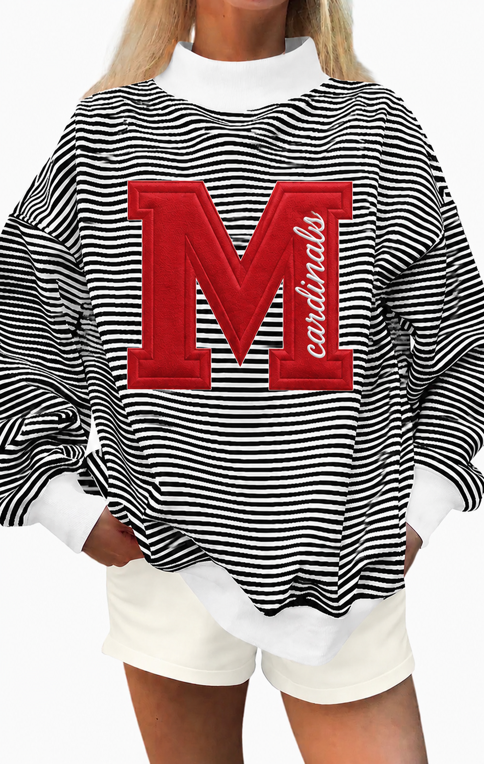 Black white stripe mock neck Mayfield Cardinals appliquéd with cotton fabric, photo is mock up to show idea (Copy)