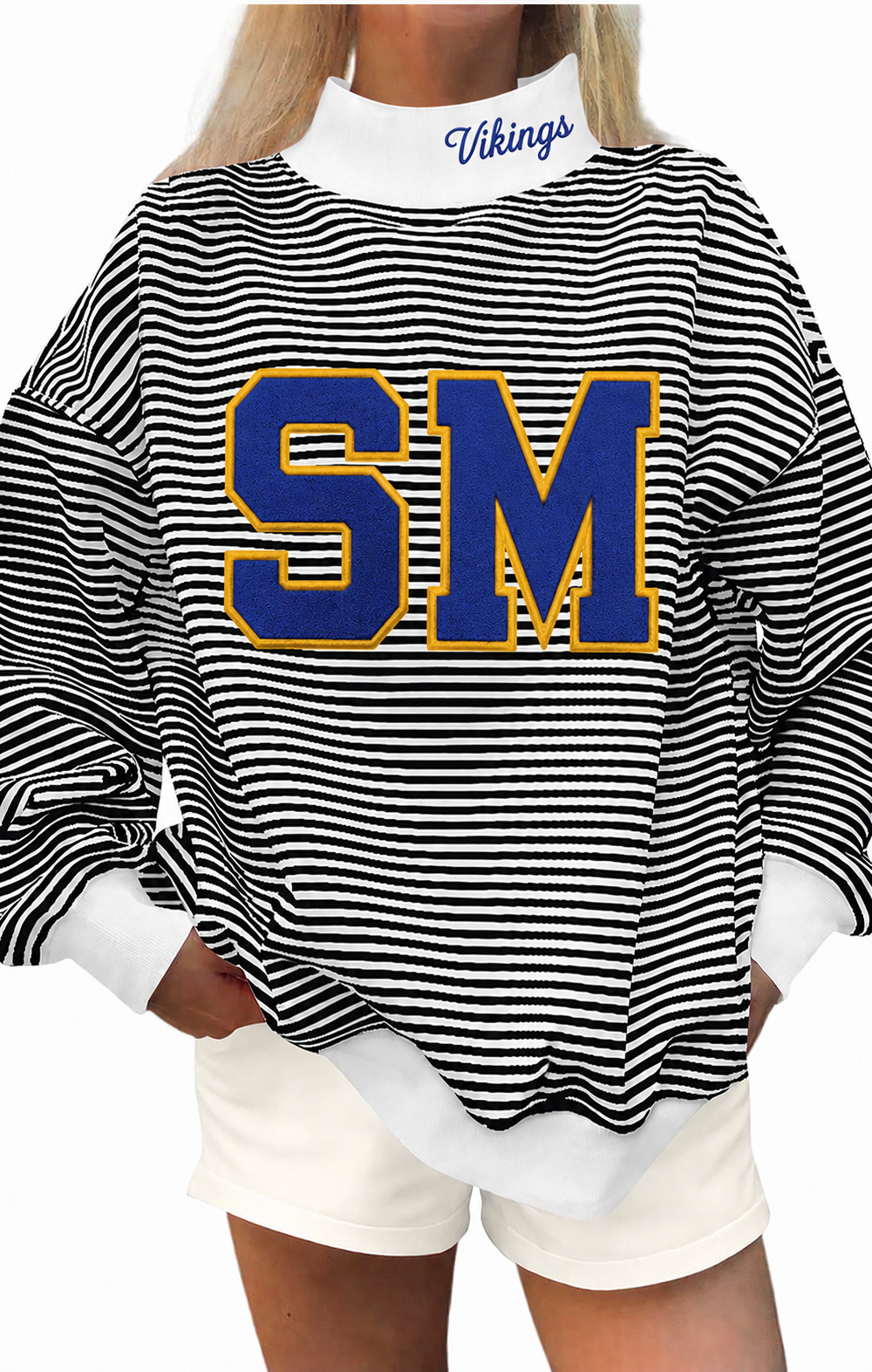 Black white stripe mock neck St Mary Vikings with cotton fabric, photo is mock up to show idea