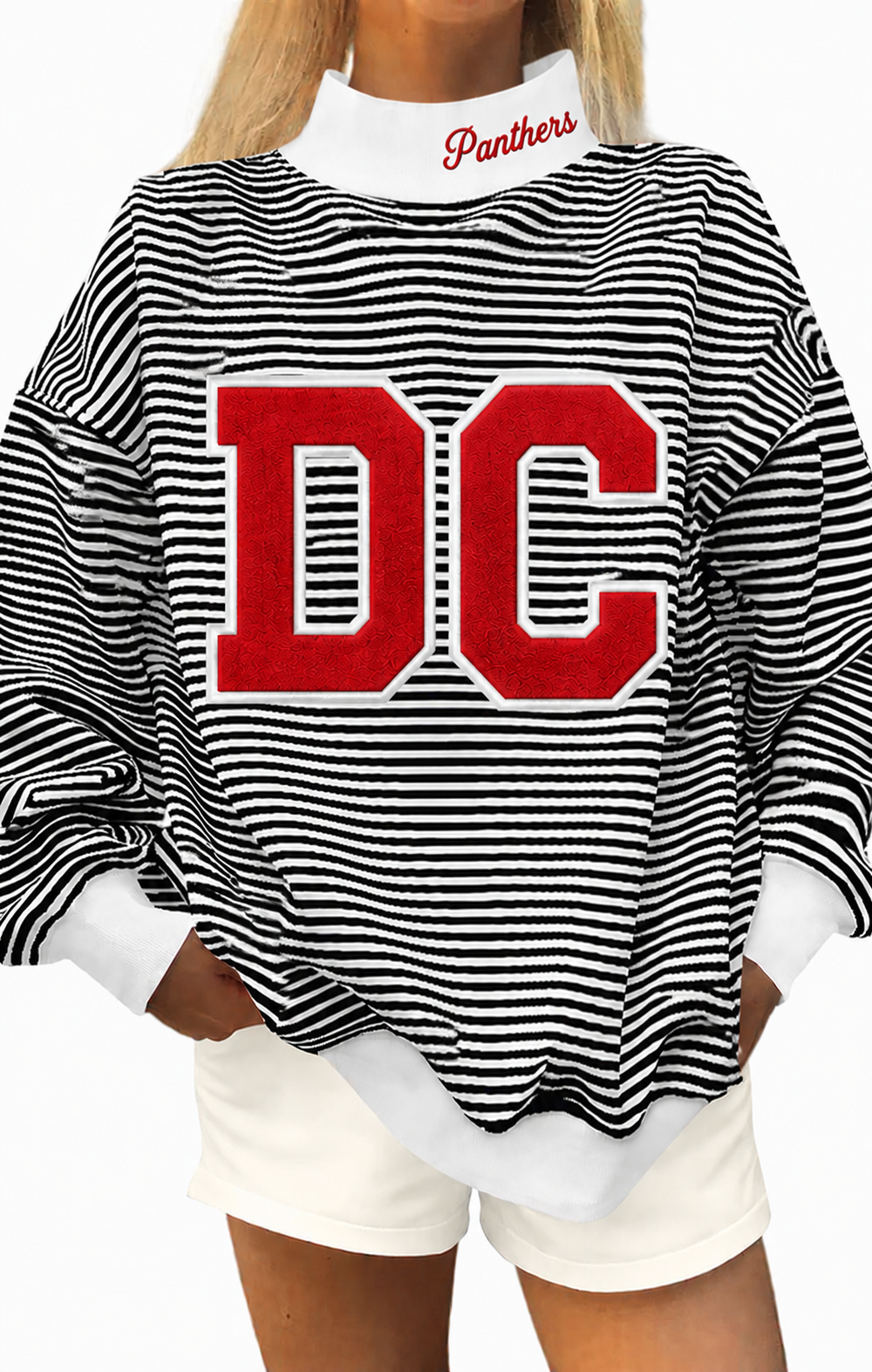 Black white stripe mock neck Daviess County Panthers with cotton fabric, photo is mock up to show idea
