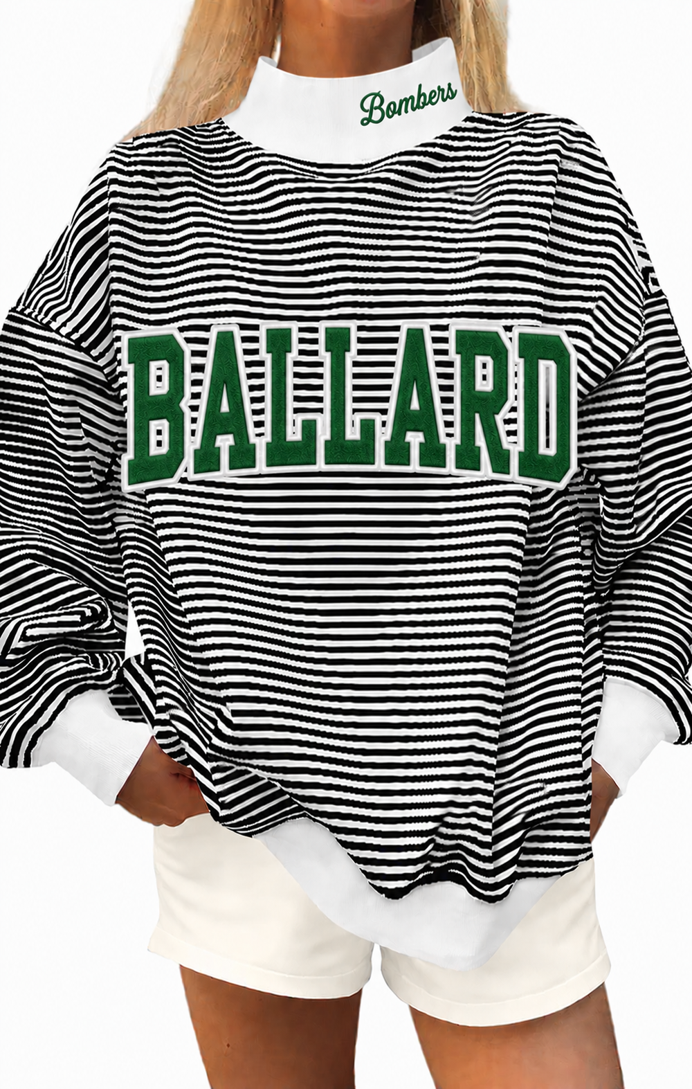 Black white stripe mock neck Ballard Bombers with cotton fabric, photo is mock up to show idea