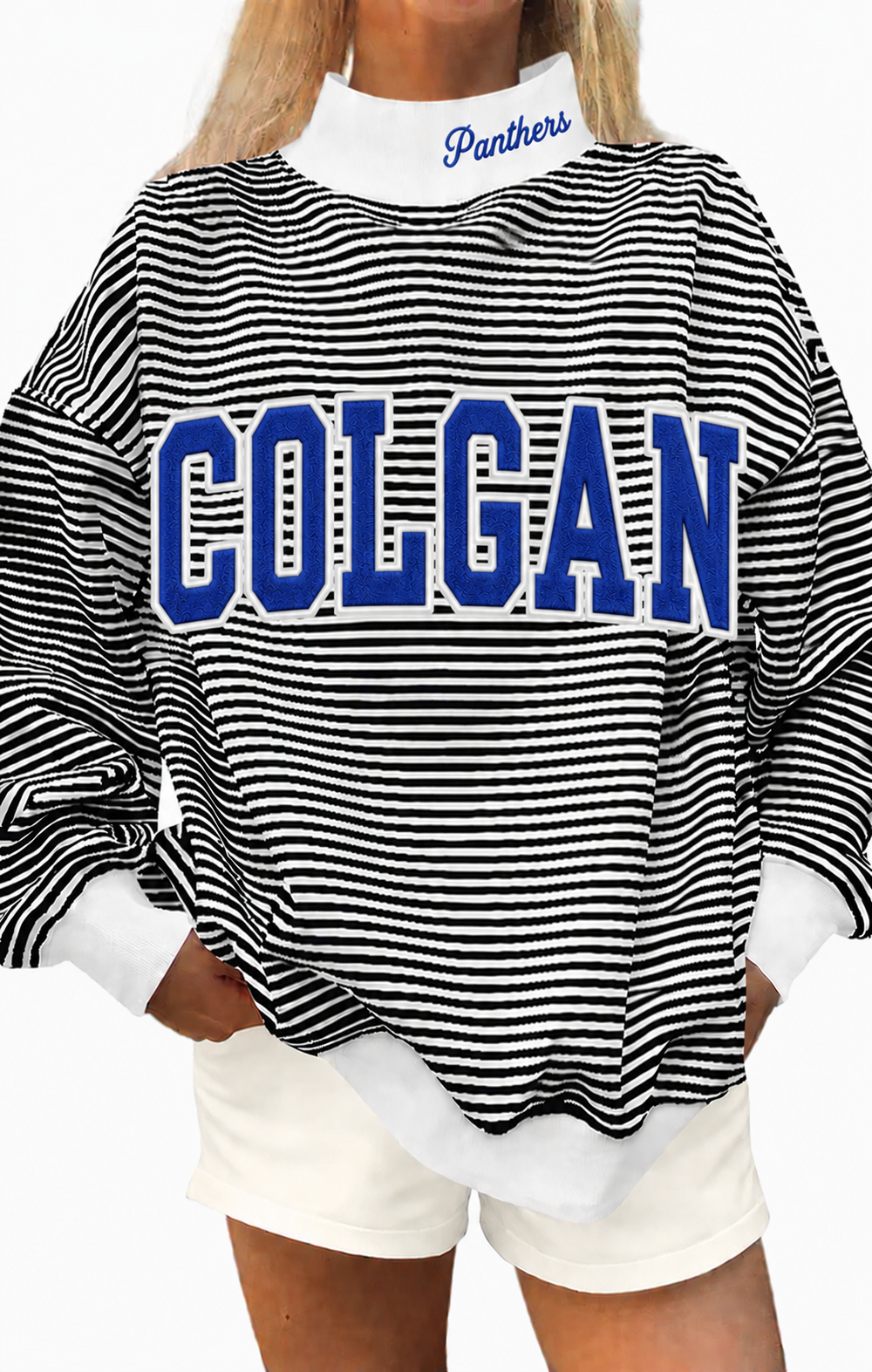 Black white stripe mock neck Colgan Panthers with cotton fabric, photo is mock up to show idea