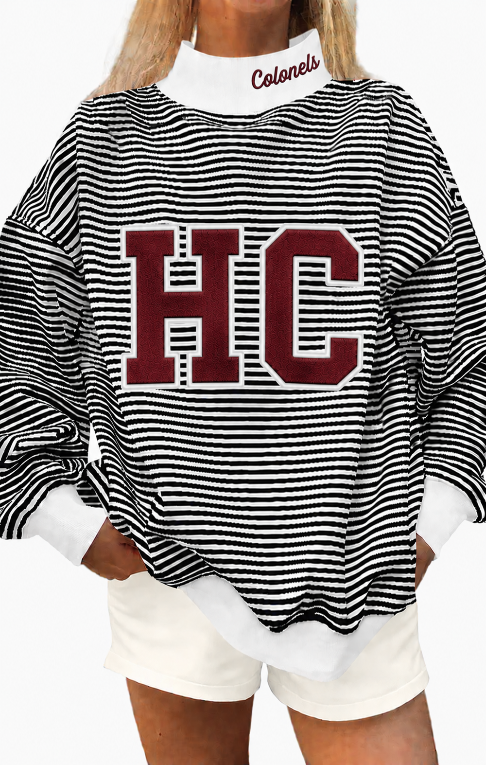 Black white stripe mock neck Henderson County Colonals with cotton fabric, photo is mock up to show idea