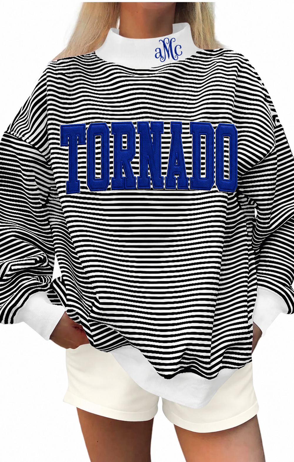 Black white stripe mock neck Tornado appliquéd with cotton fabric, photo is mock up to show idea