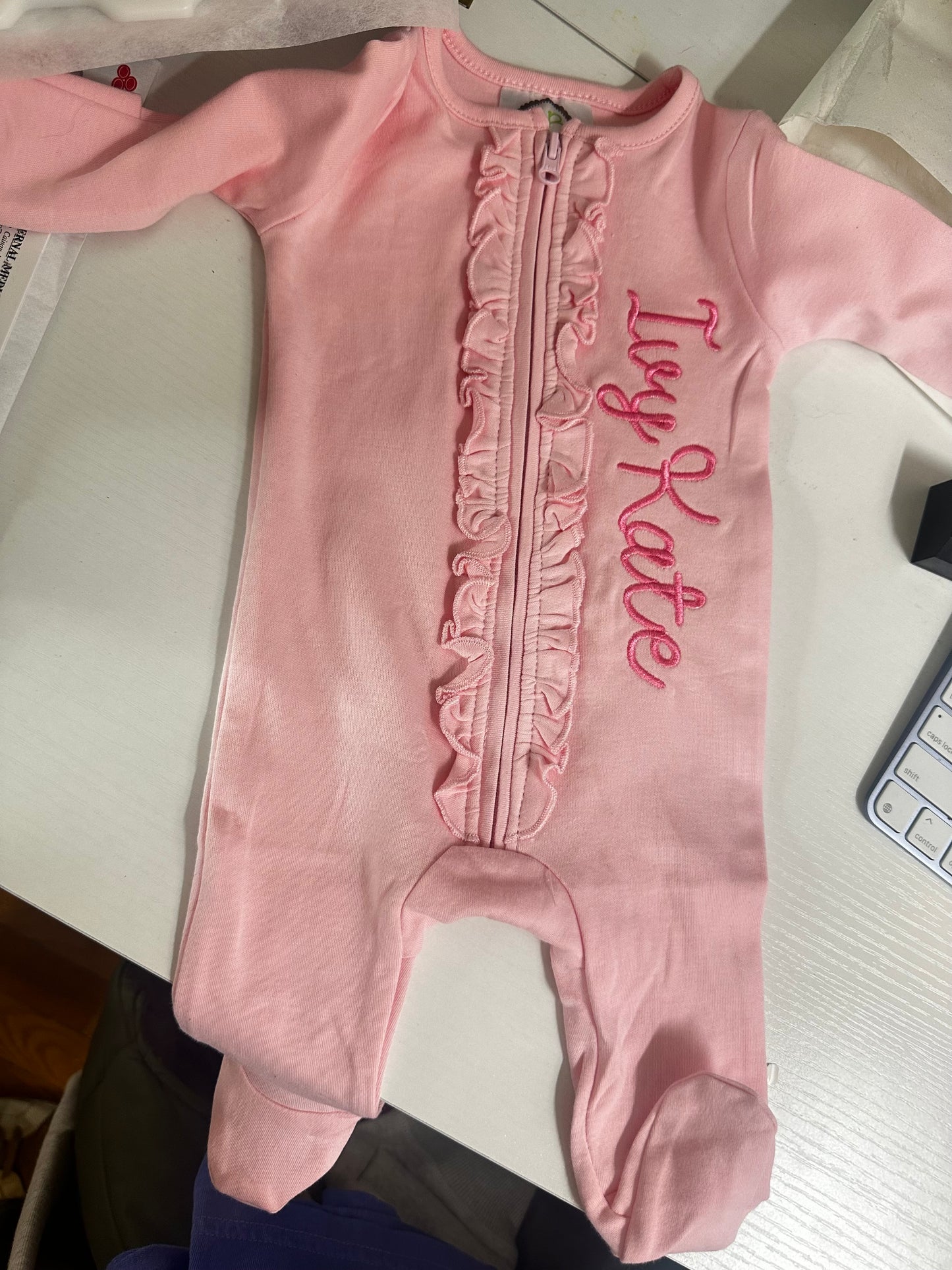 Embroidered Baby Sleeper Pink with ruffles