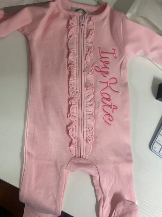 Embroidered Baby Sleeper Pink with ruffles
