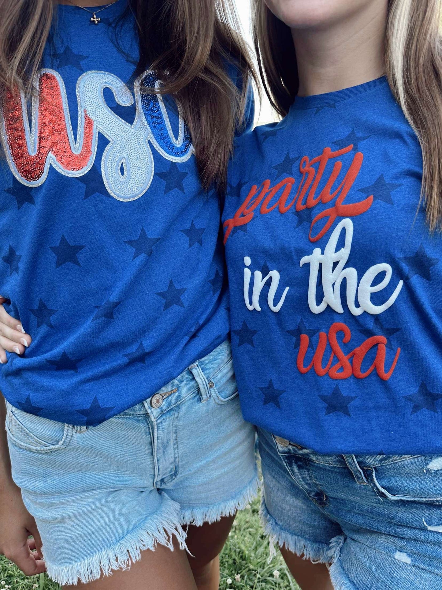 USA glitter patch on star tee