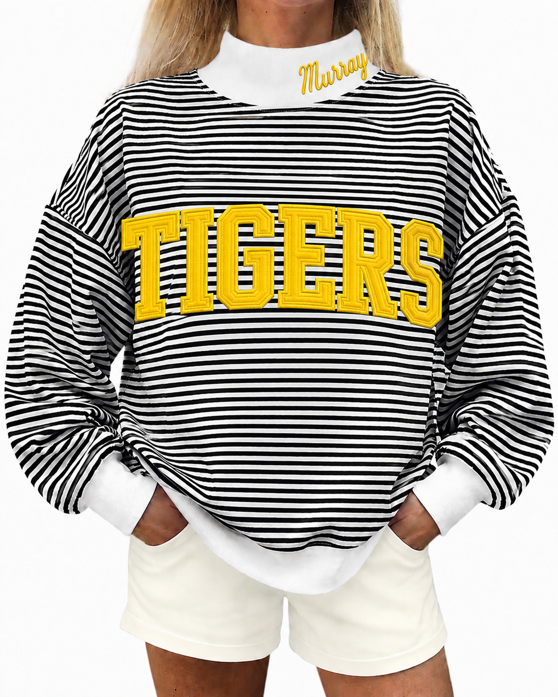 Black white stripe mock neck Murray Tigers appliquéd with cotton fabric, photo is mock up to show idea