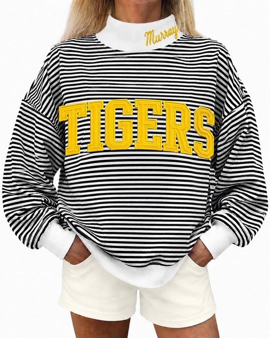 Black white stripe mock neck Murray Tigers appliquéd with cotton fabric, photo is mock up to show idea
