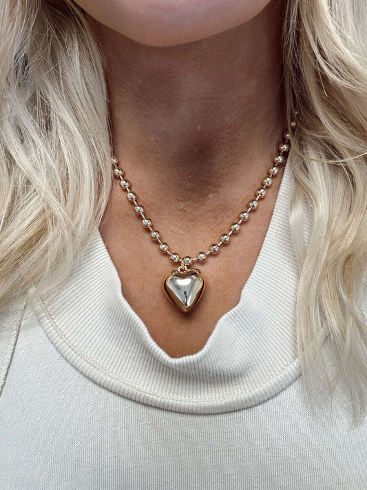 Water resistant Gold Bead and Gold puffy heart Necklace