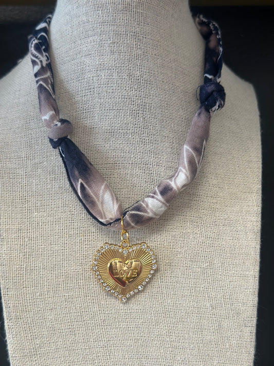Heart Charm scarf necklace Blue