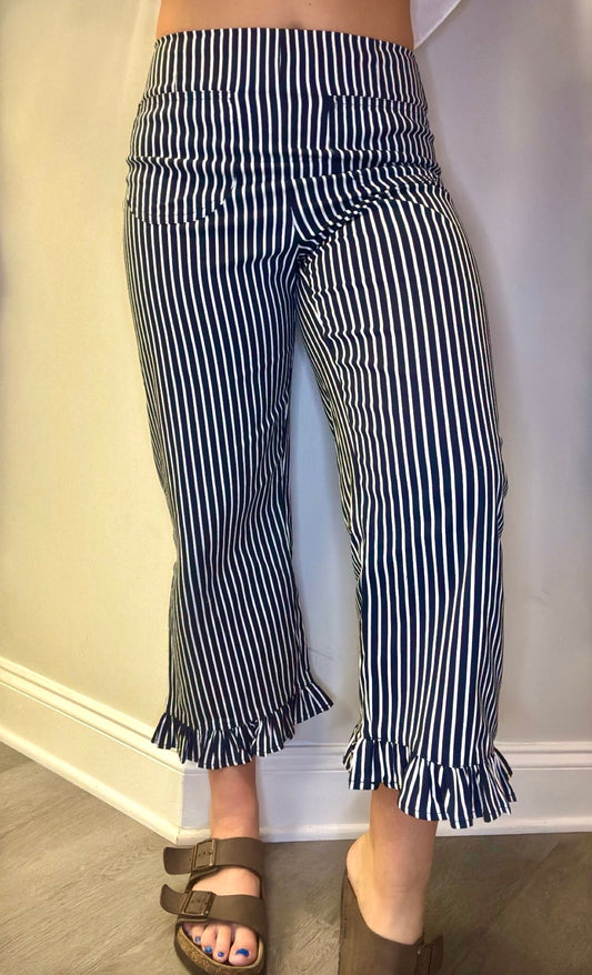 Navy Striped pants with Ruffle Hem