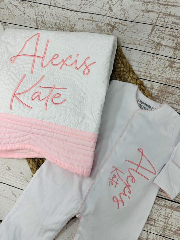 Monogrammed or Embroider large quilted heirloom quilt pink