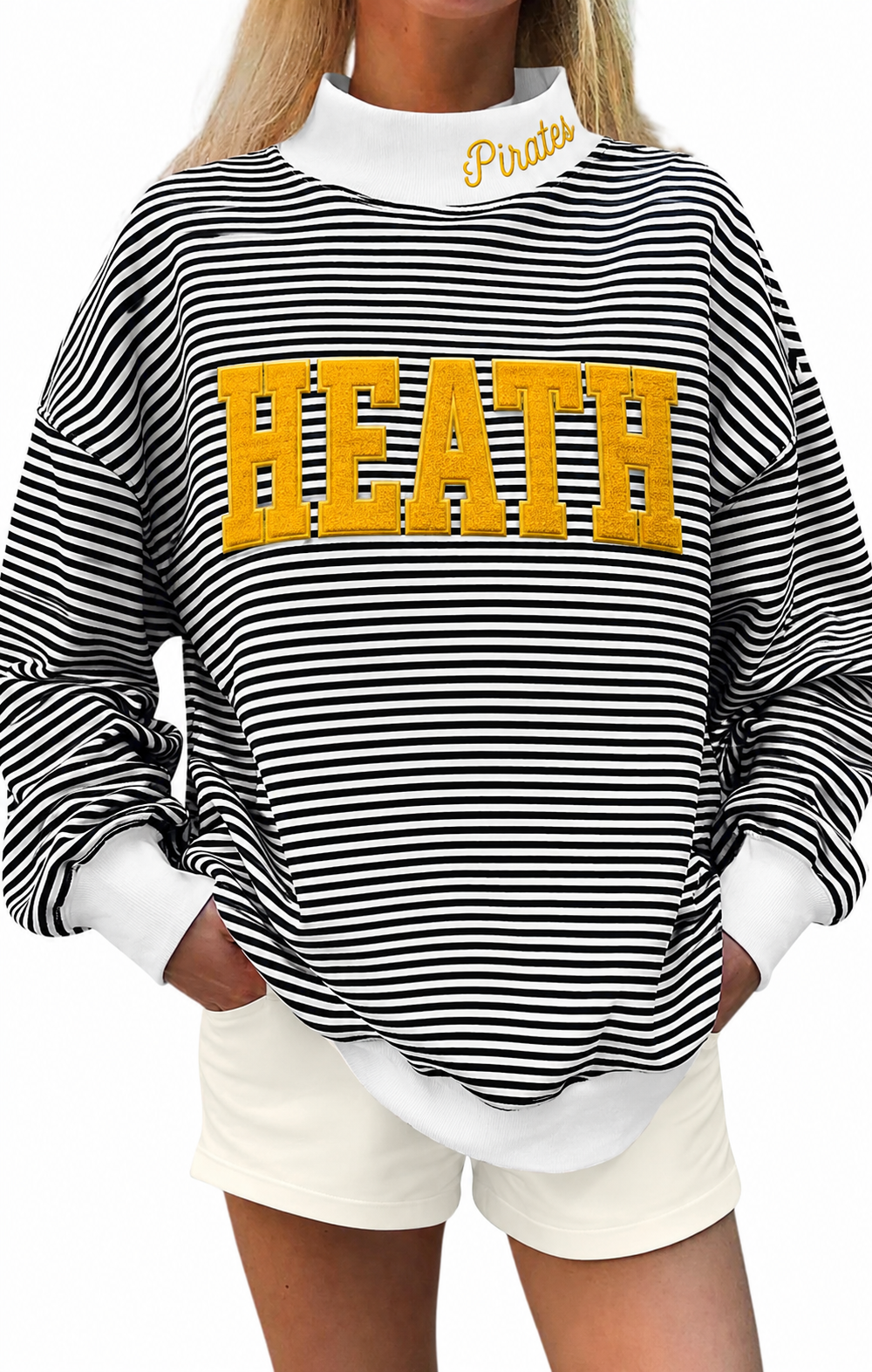 Black white stripe mock neck Heath Pirates  appliquéd with cotton fabric, photo is mock up to show idea