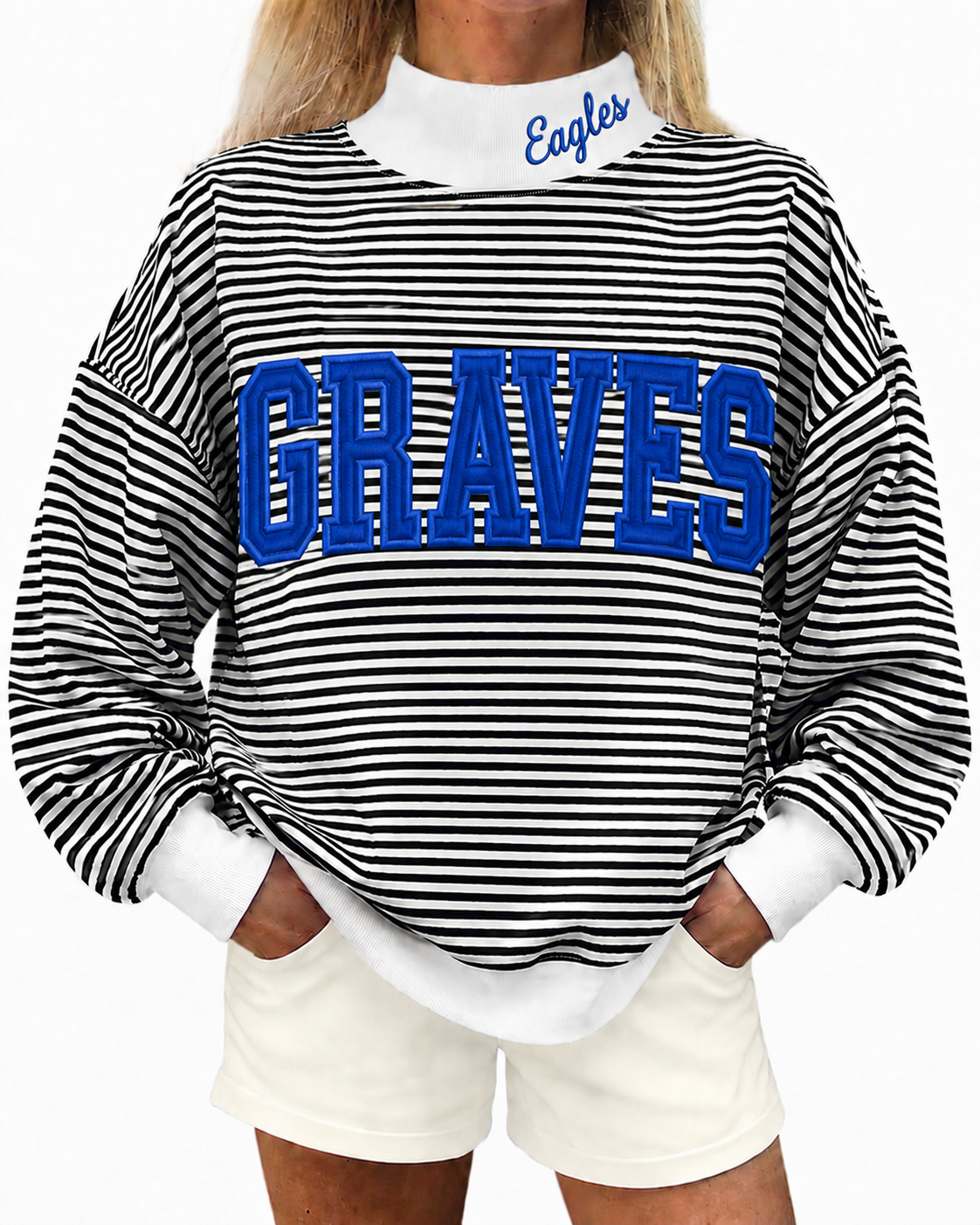 Black white stripe mock neck Graves Eagles appliquéd with cotton fabric, photo is mock up to show idea