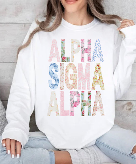 Alpha Sig floral on black or white add color in notes spirit wear