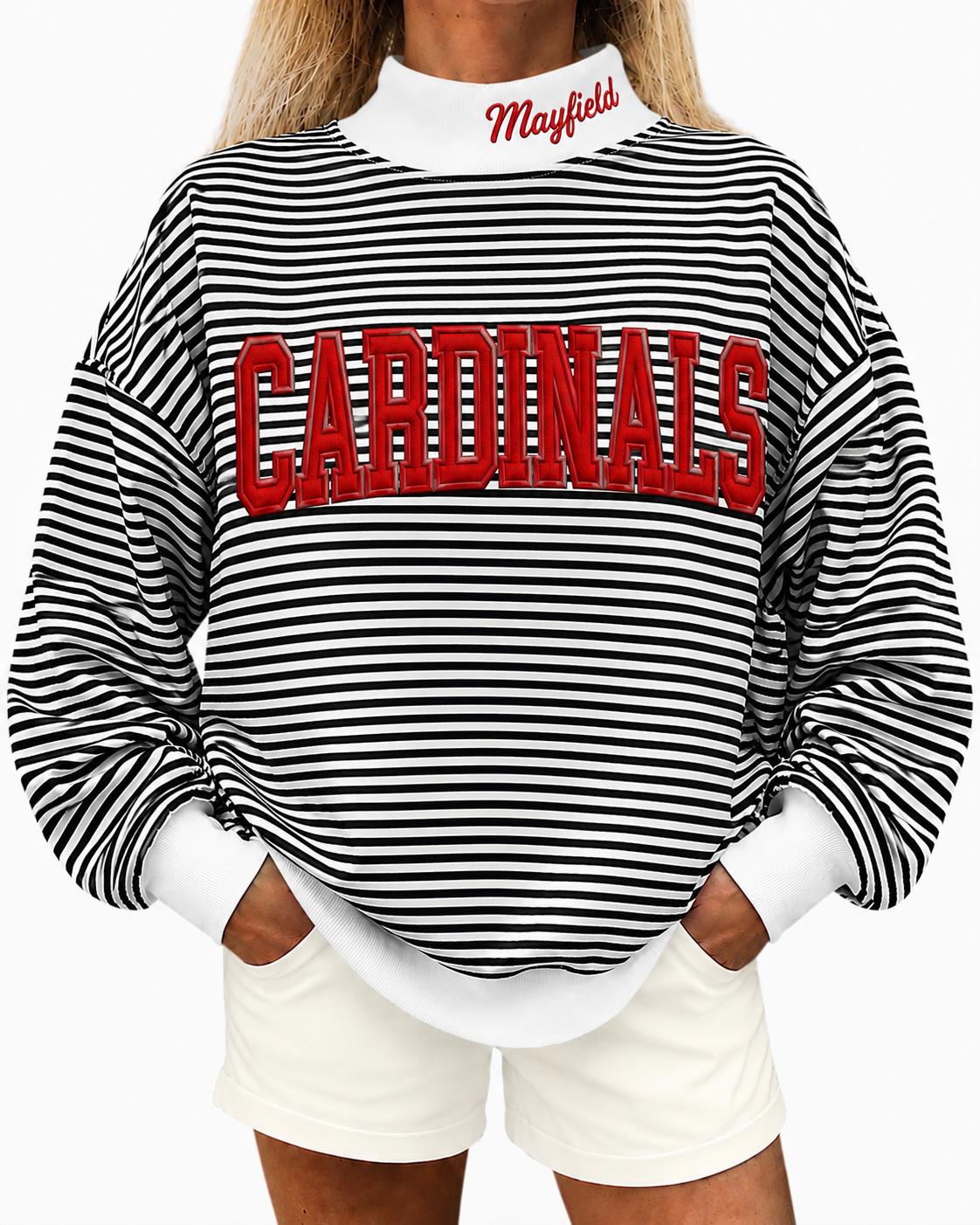 Black white stripe mock neck Mayfield Cardinals appliquéd with cotton fabric, photo is mock up to show idea