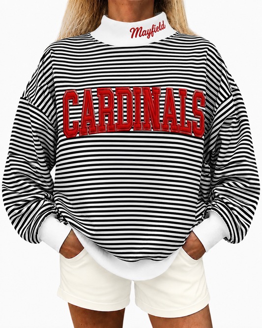 Black white stripe mock neck Mayfield Cardinals appliquéd with cotton fabric, photo is mock up to show idea