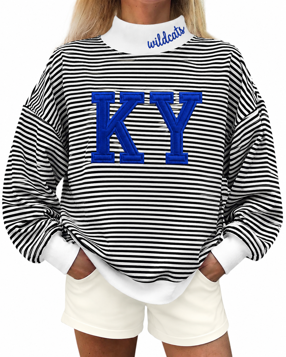 Black white stripe mock neck KY Wildcats appliquéd with cotton fabric, photo is mock up to show idea