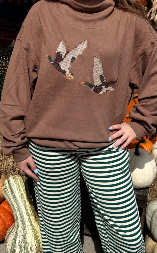 Brown Faux Needle Point Embroidered Mallard Mock Neck