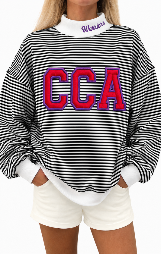 Black white stripe mock neck CCA Warriors appliquéd with cotton fabric, photo is mock up to show idea