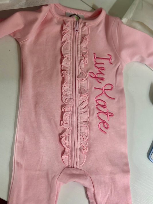 Embroidered Baby Sleeper Pink with ruffles