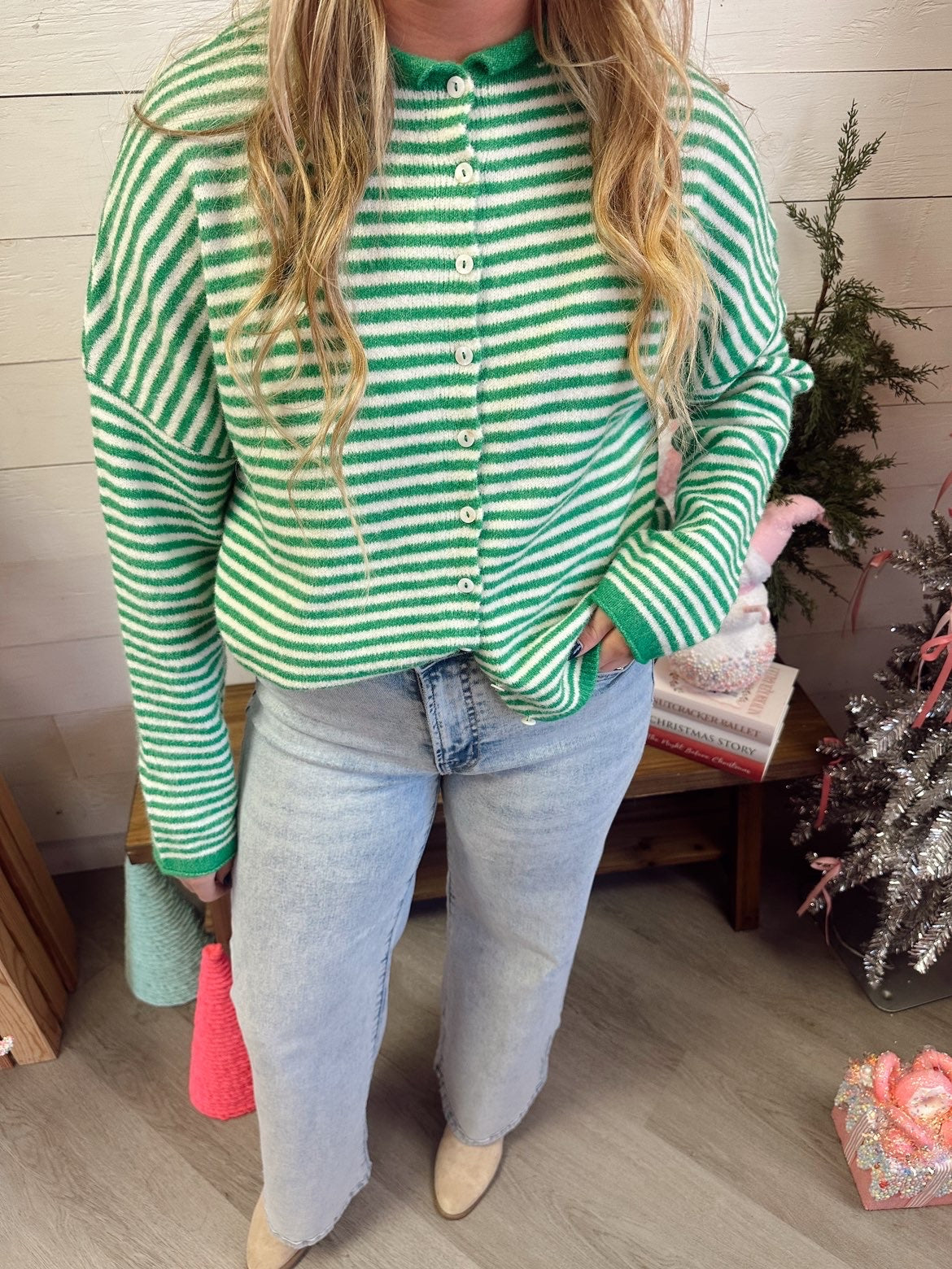Green striped cardigan