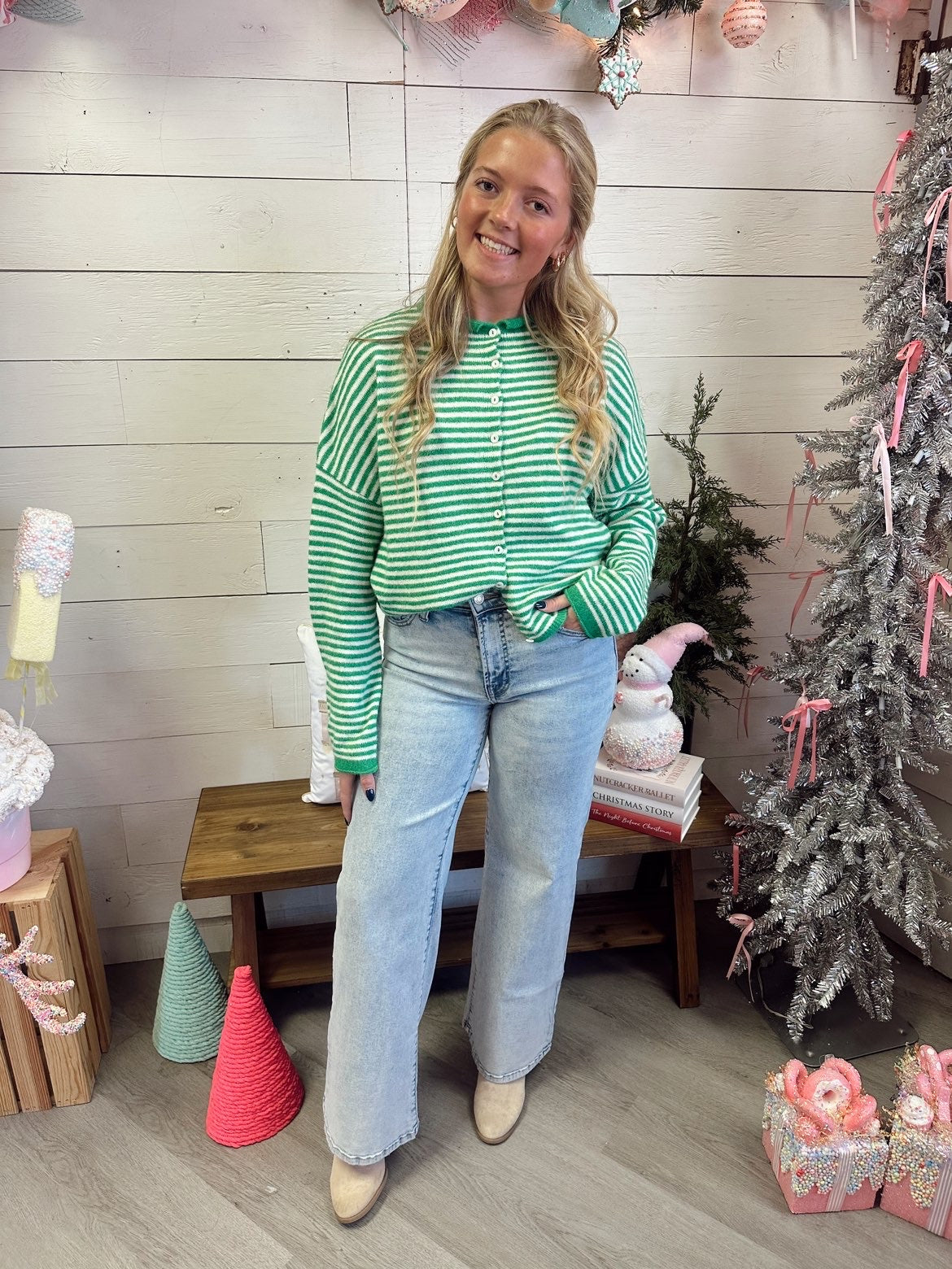 Green striped cardigan