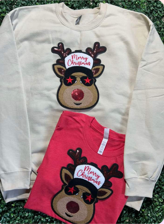 Sequin Reindeer With Hat crewneck Christmas