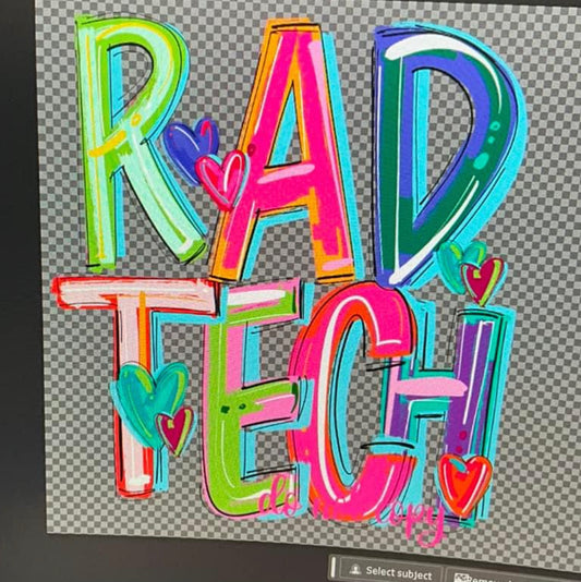 Rad Tech on grey tee or crew spirit wear