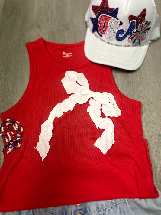 Red Bow tank top white ribbon