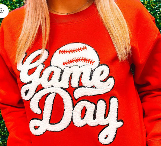 Baseball Game Day Chenille t-shirt or crewneck your choice color of shirt spirit wear