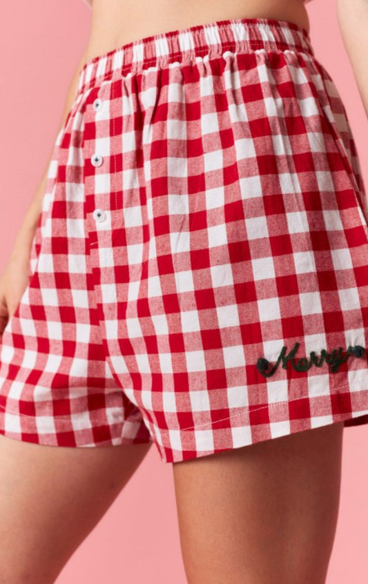 Red Gingham Shorts with green pom pom Merry Detail