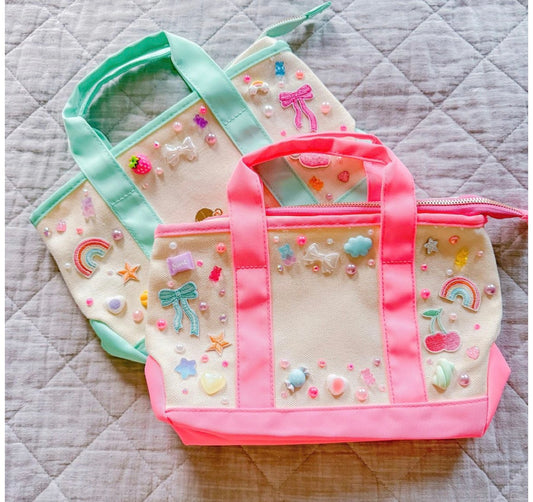 July 8 tote bag design with patches ribbon and jewels ages 5-12