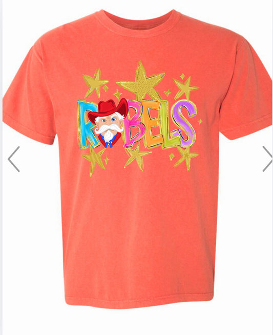 Rebels, bright color, hand, drawn, mascot, T-shirt, or gray, or black sweat sweatshirt