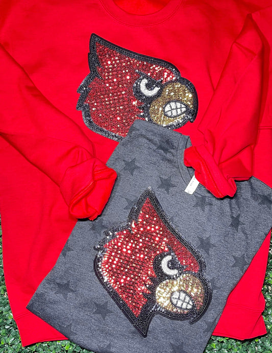 Cardinals Mascot sequin T-shirt or crewneck your choice color of shirt spirit wear