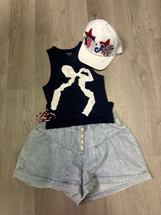 Navy Bow tank top white ribbon