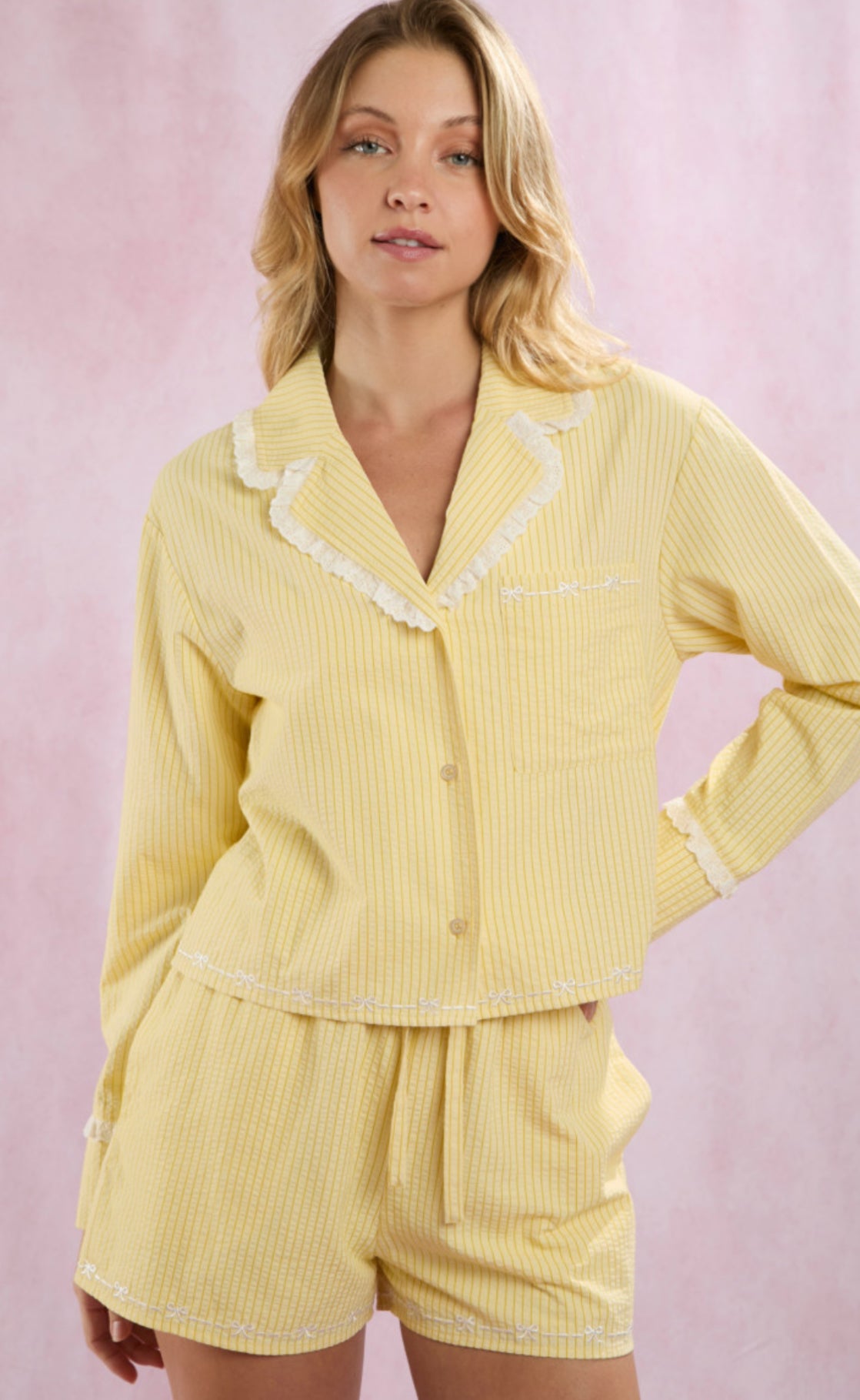 Yellow striped PJs Peach Love