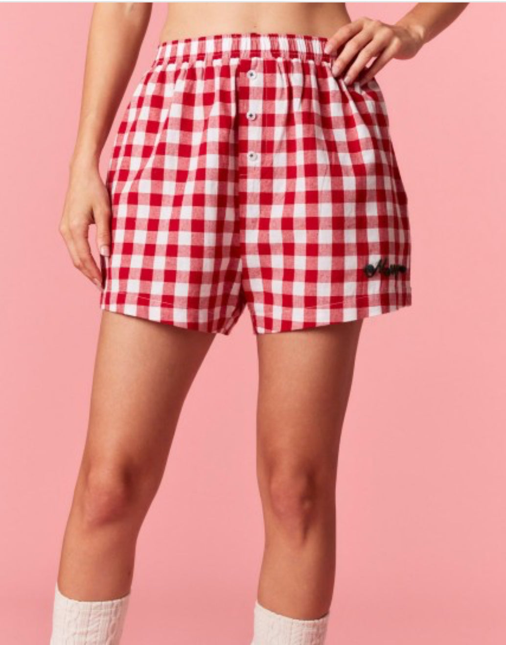 Red Gingham Shorts with green pom pom Merry Detail