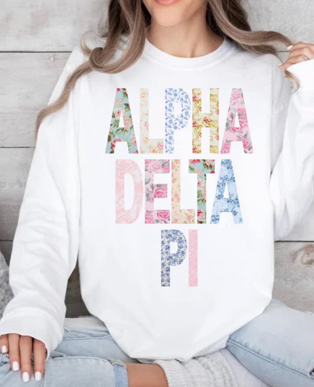 Alpha Delta pi floral on white spirit wear