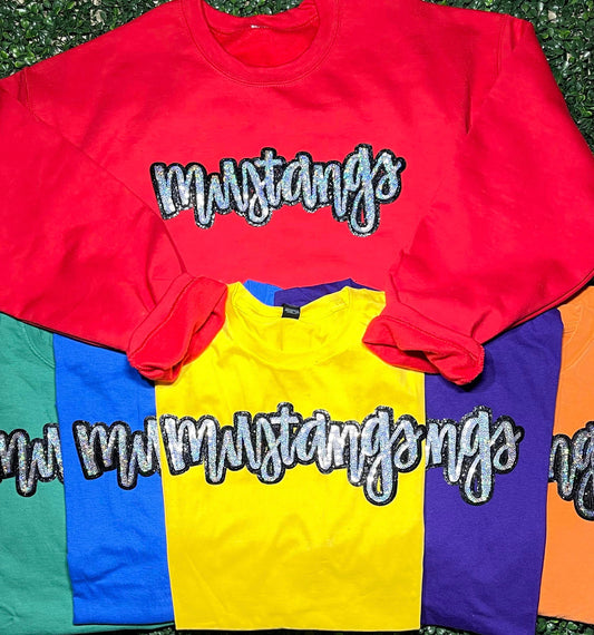 Mustangs sequin T-shirt or crewneck your choice color of shirt spirit wear